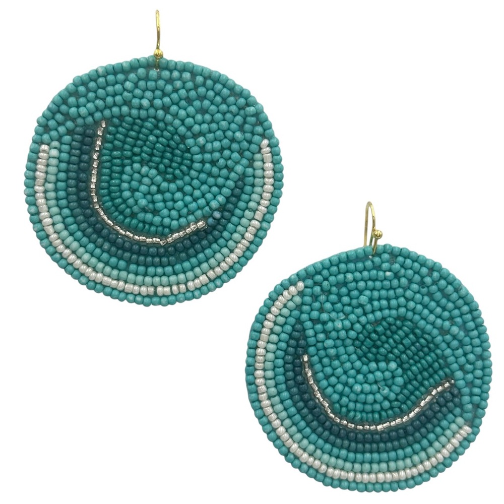 Seed Bead Wave Aqua Blue Disk Dangle Earrings